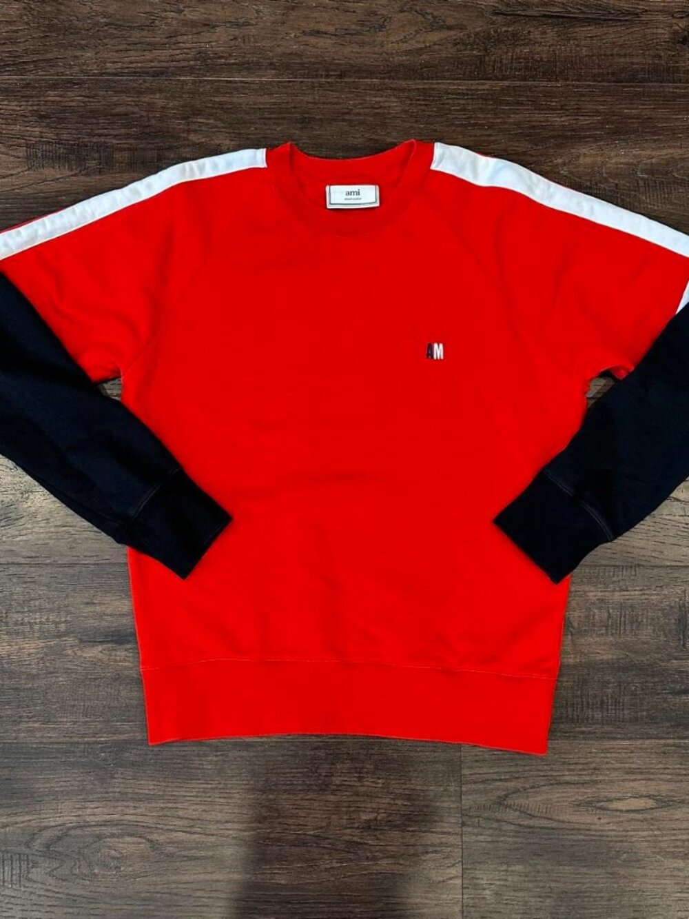 AMI Paris Red Sweatshirt with White and Black Color Blocking Sleeves M